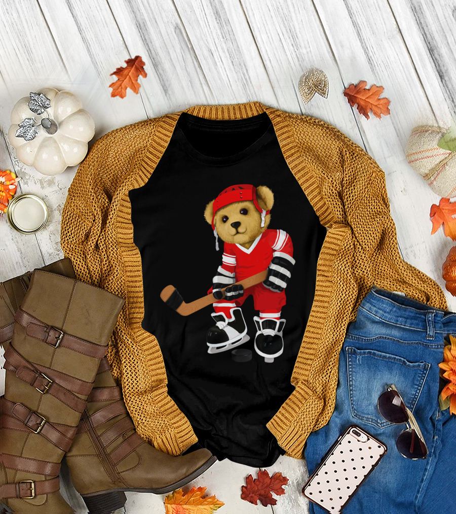 Red Machine Teddy Bear Hockey Player T-Shirt