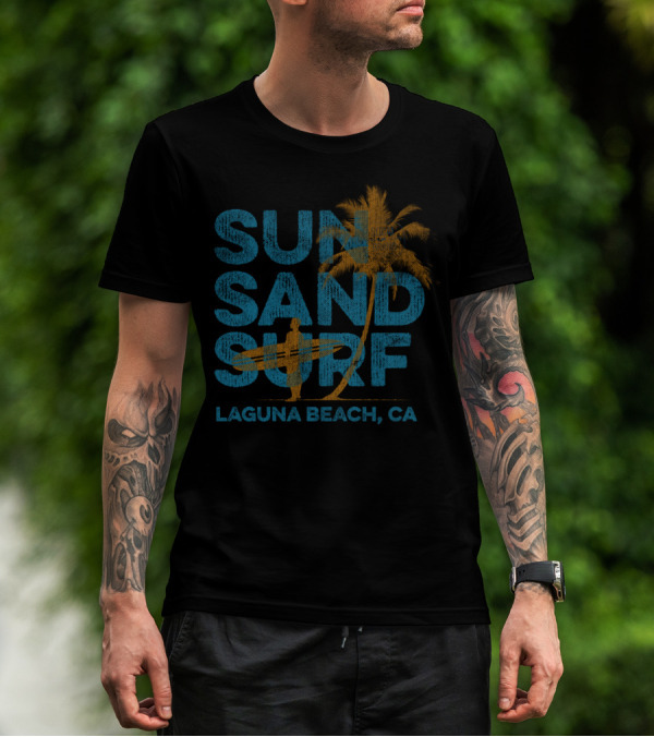 Sun Sand Surf Laguna Beach CA Palm Tree Surfer T-Shirt