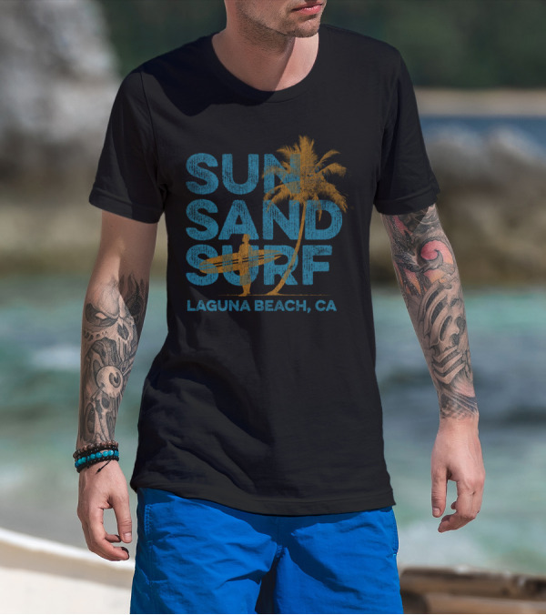 Sun Sand Surf Laguna Beach CA Palm Tree Surfer T-Shirt