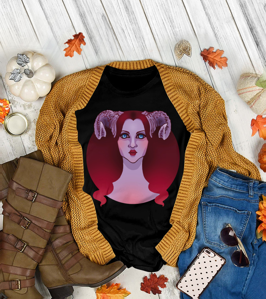 Fire Fairy Ram Horns Red Hair Fantasy T-Shirt