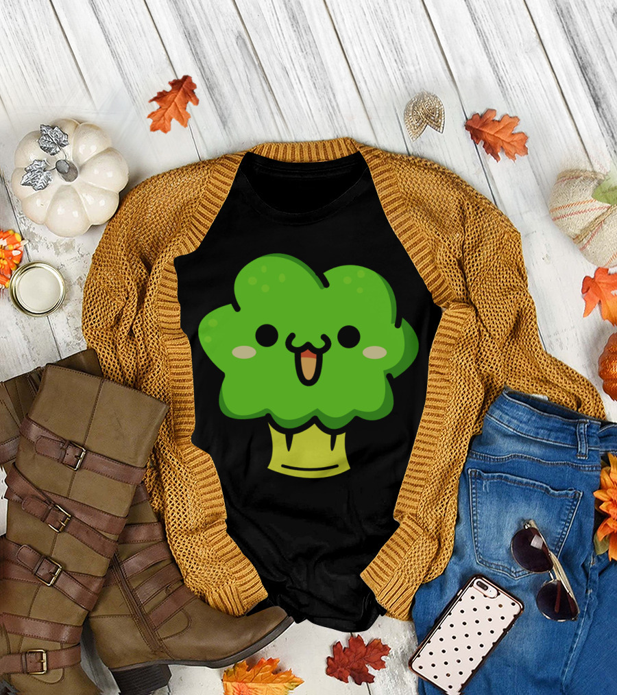 Cute Broccoli Kawaii Face Cartoon Green Vegetable T-Shirt