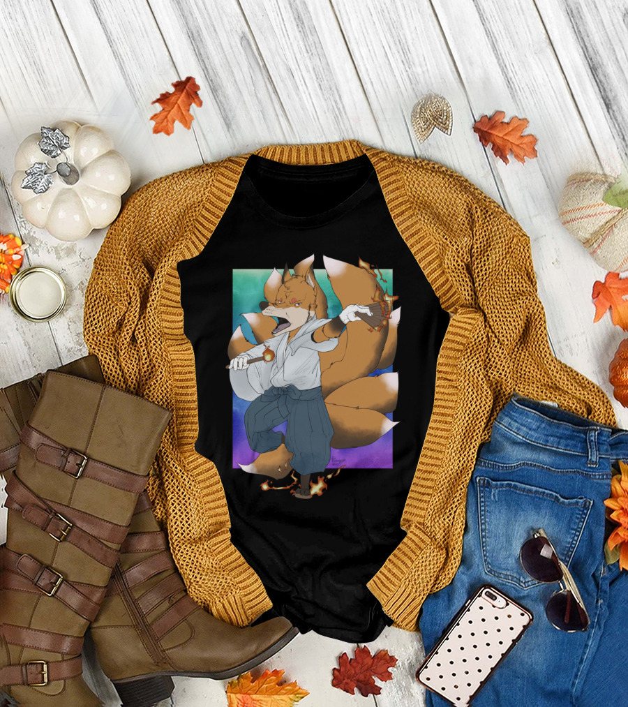 Kitsune Fire Dance Yokai Spirit Fox Magic Flames Anime T-Shirt