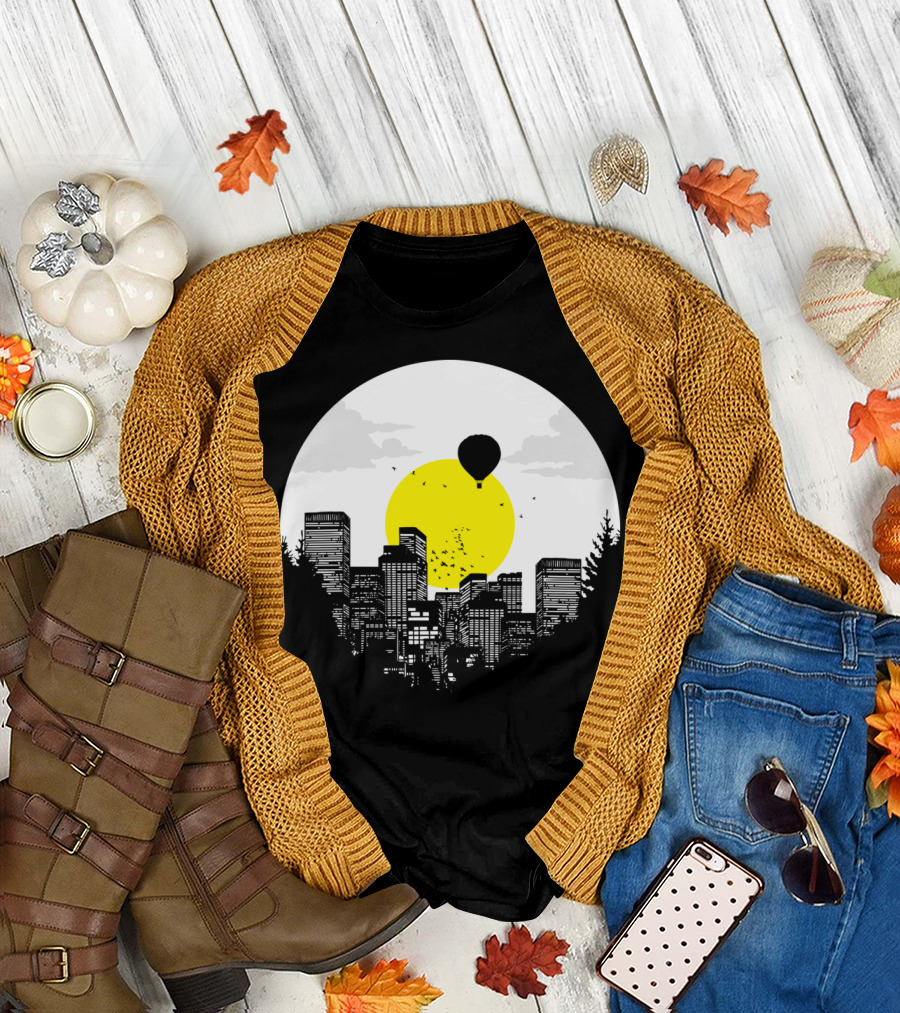 Sunny Side of Life Urban Skyline with Hot Air Balloon and Bright Sun Background T-Shirt