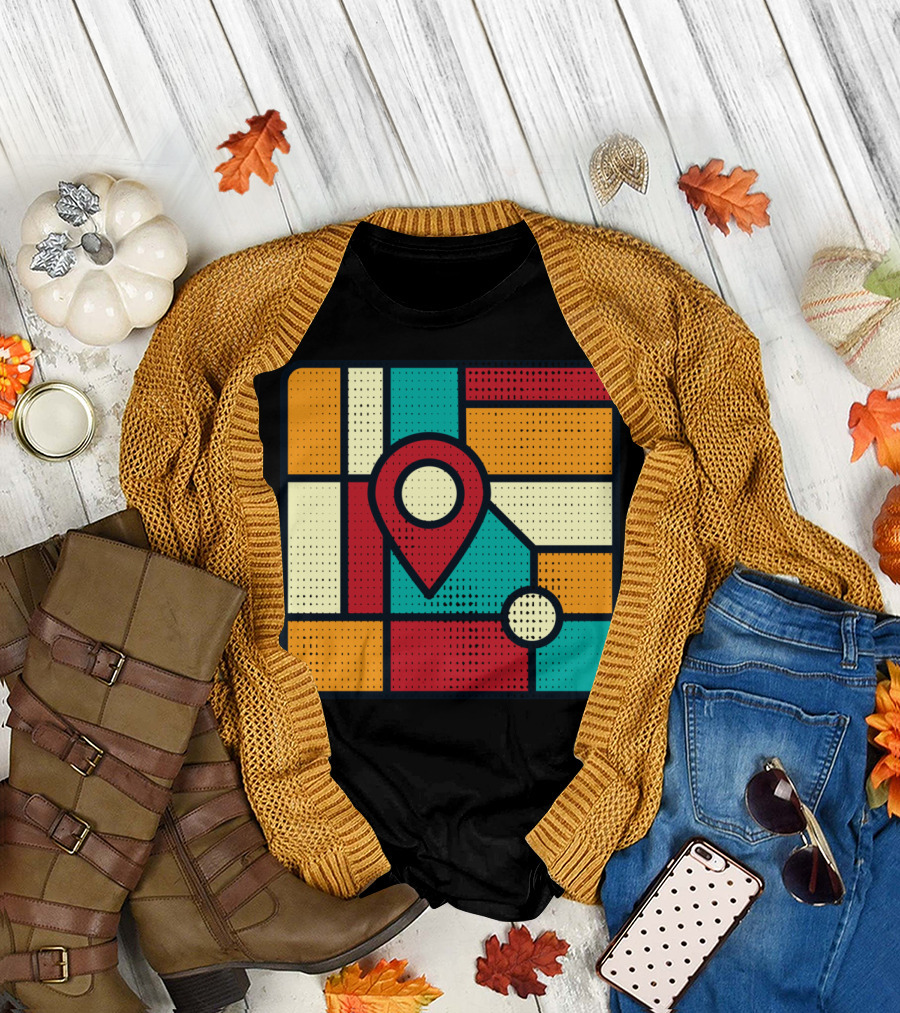 I Was Here Location Pin Color Block Map Art Deco T-Shirt