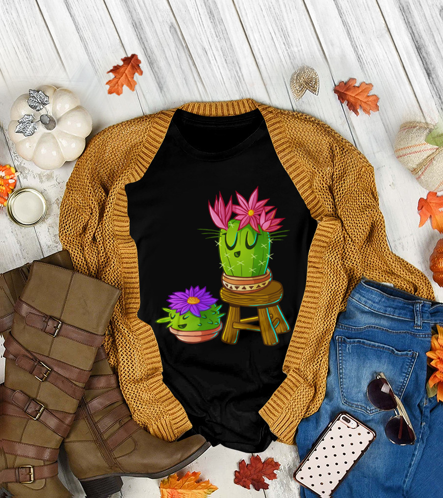 Cute Cactus with Flowers on Wooden Stool T-Shirt