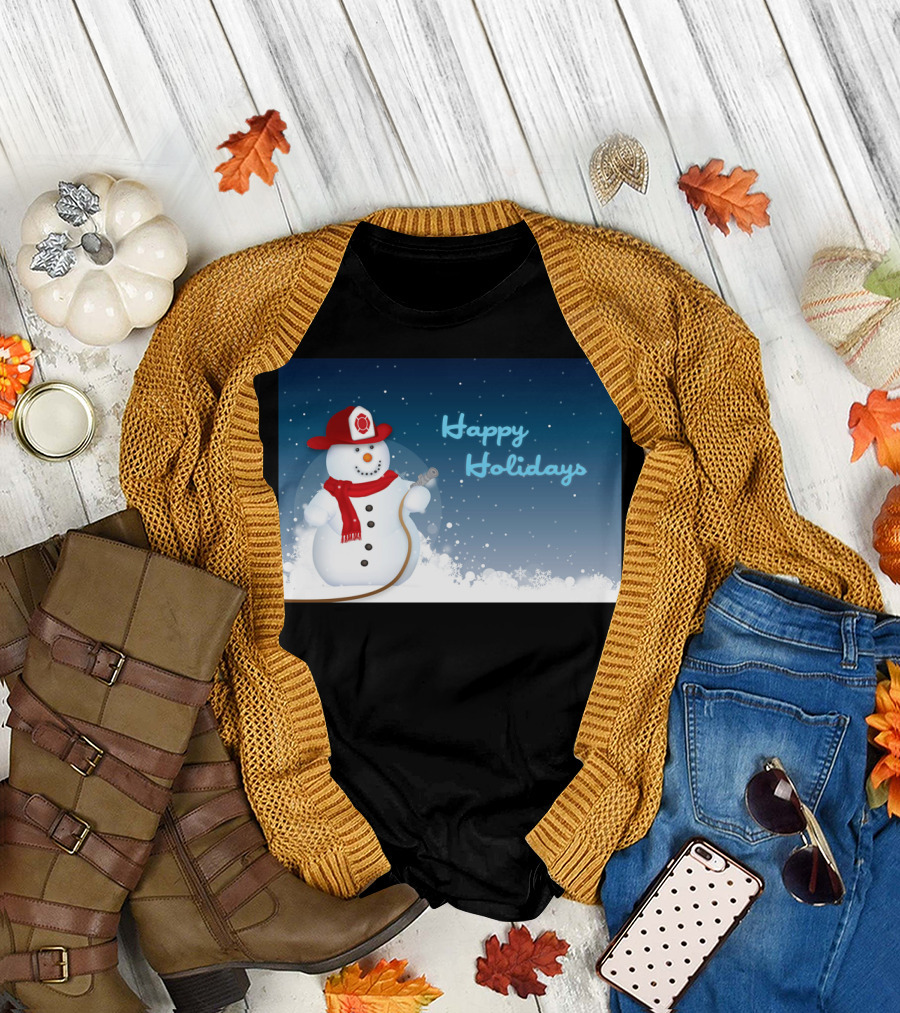 Happy Holidays Firefighter Snowman with Fireman Hat T-Shirt