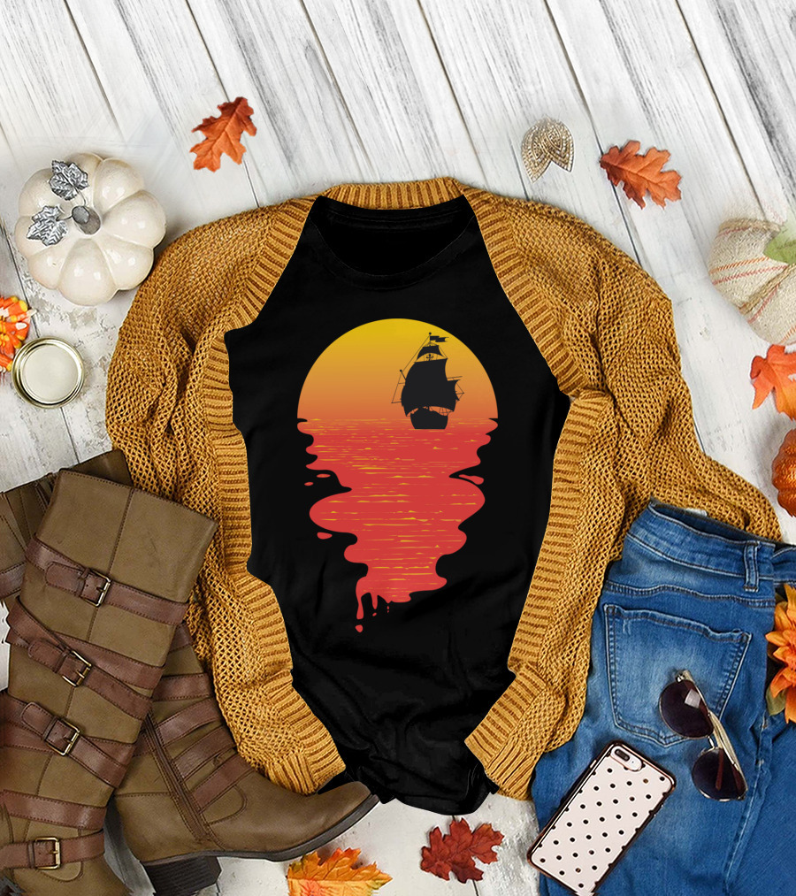 Sunset Reflection with Pirate Ship Silhouette on Horizon T-Shirt
