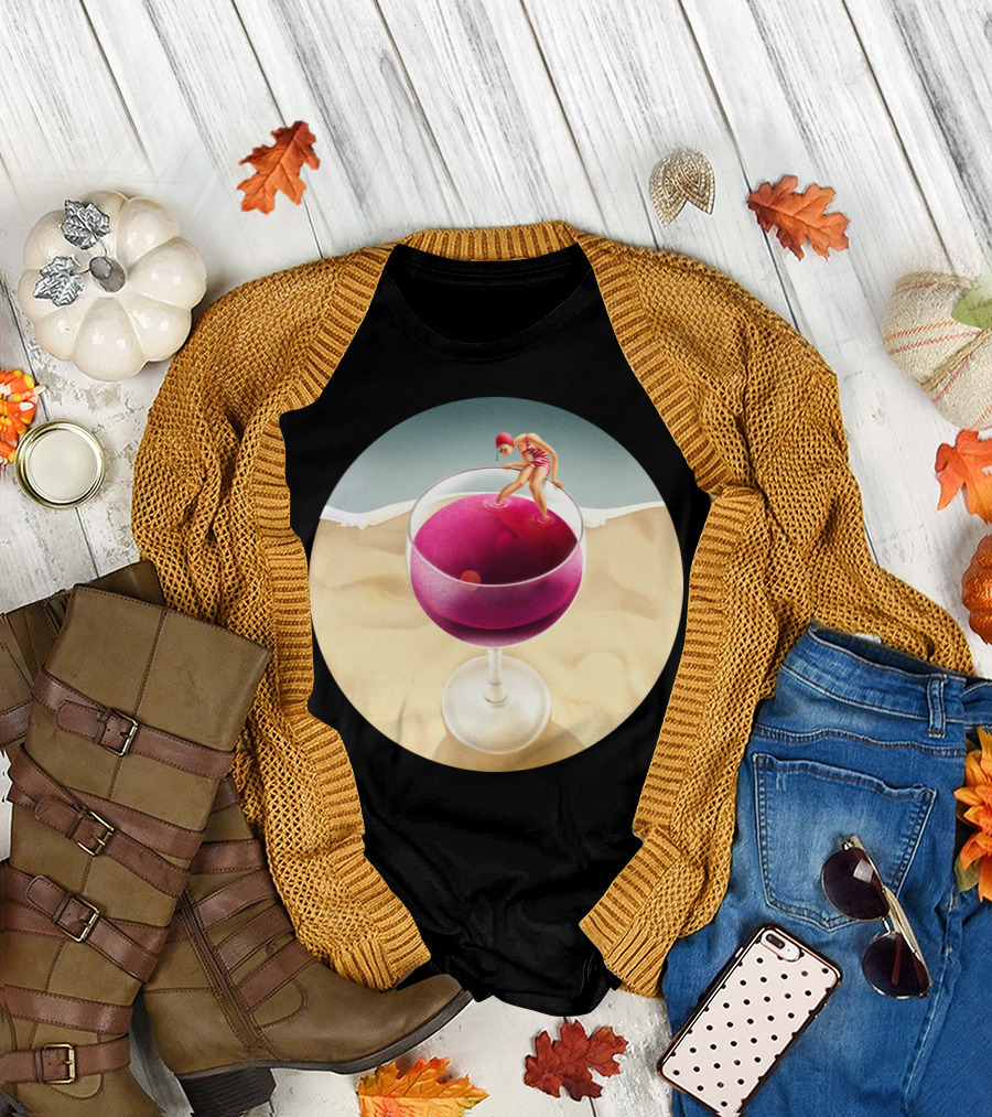 Red Reflection Swimmer in Wine Glass on Beach T-Shirt