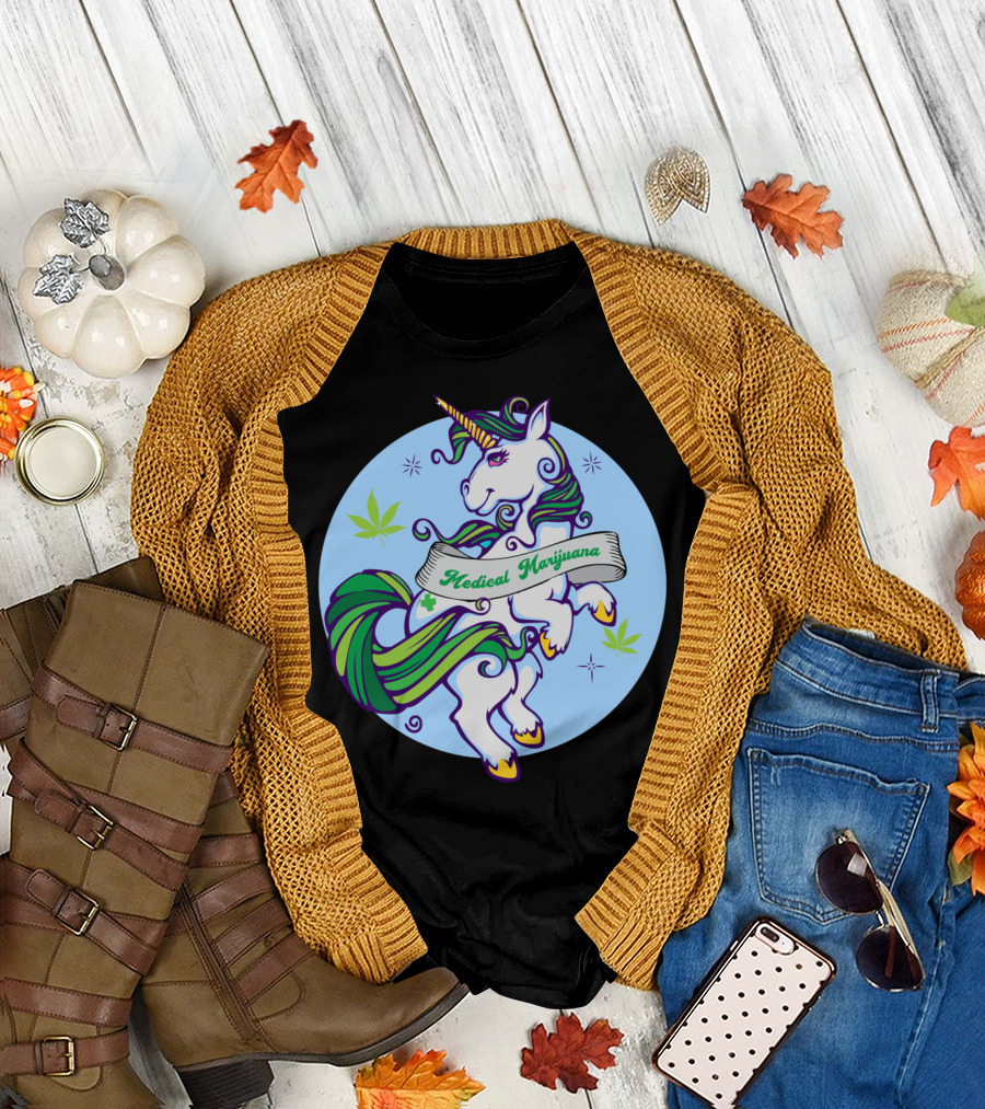 Medical Marijuana Unicorn with Green Mane and Cannabis Leaves T-Shirt