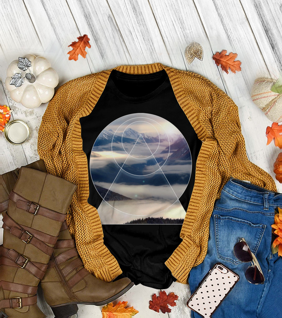 Serenity Mountains and Geometric Circles in Misty Landscape T-Shirt