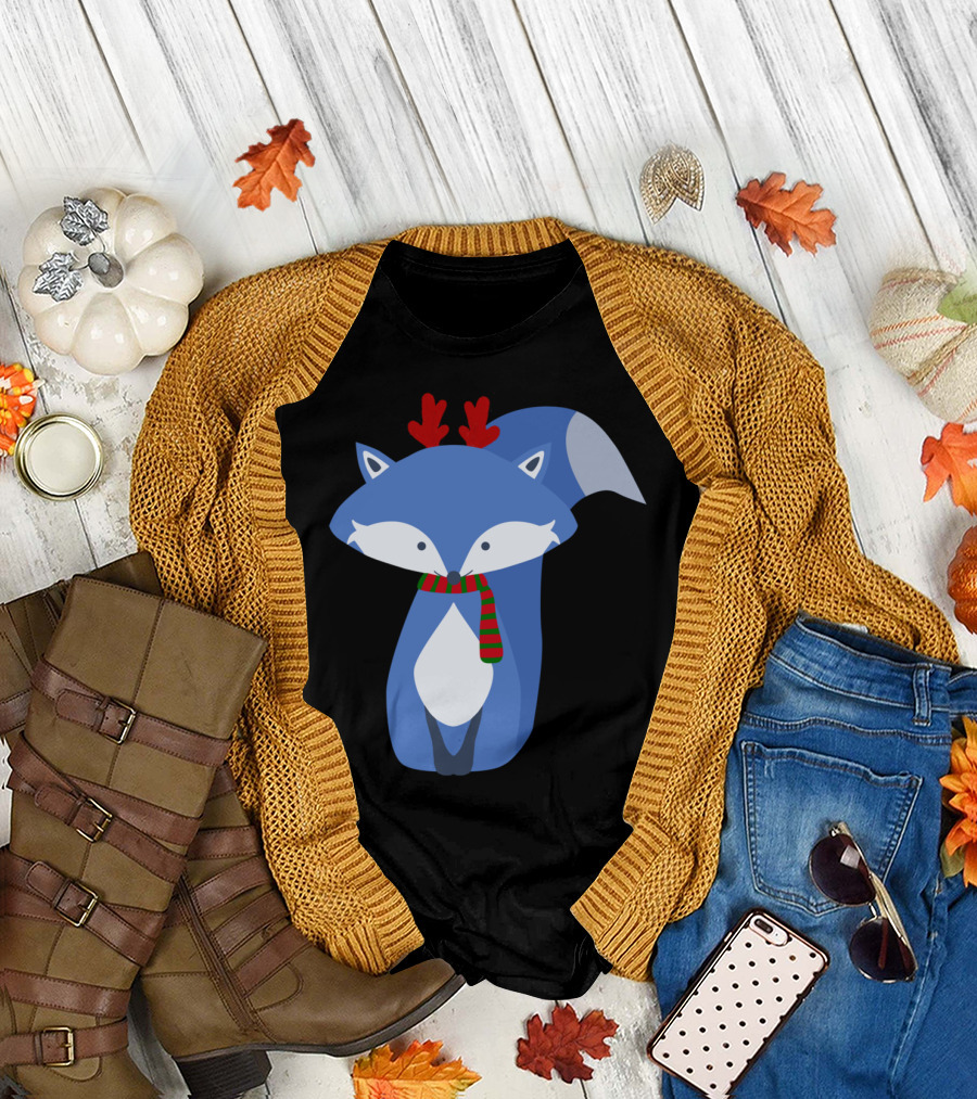 Blue Fox with Red Antlers and Striped Scarf Winter Holiday T-Shirt