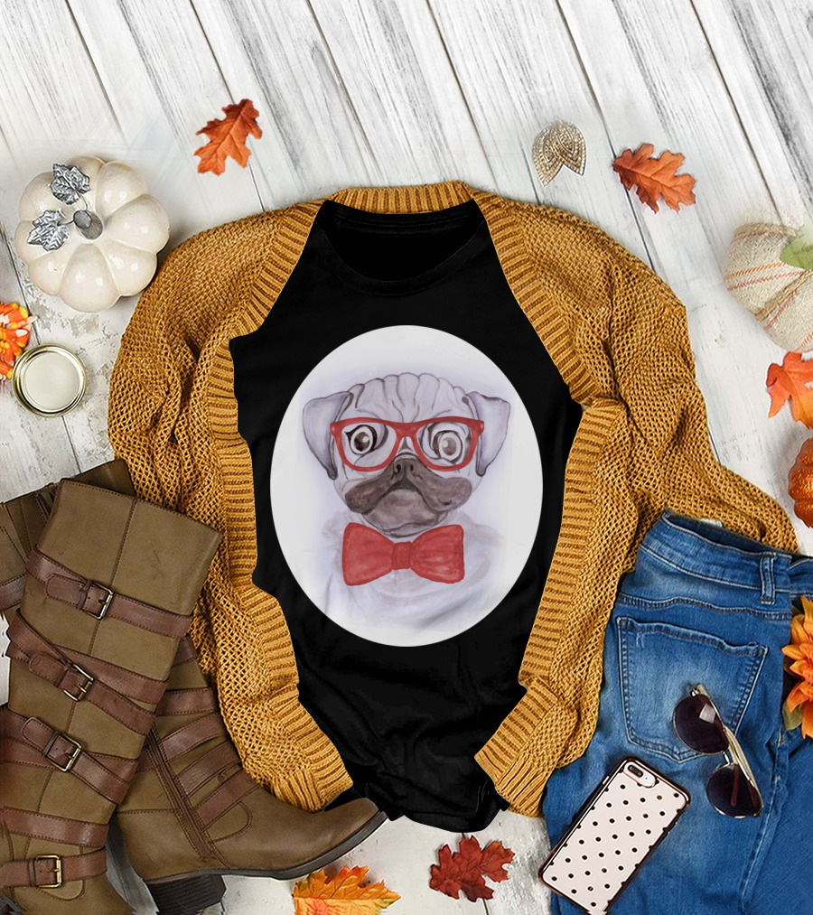 Cute Funny Watercolor Pug With Red Glasses and Bow Tie T-Shirt