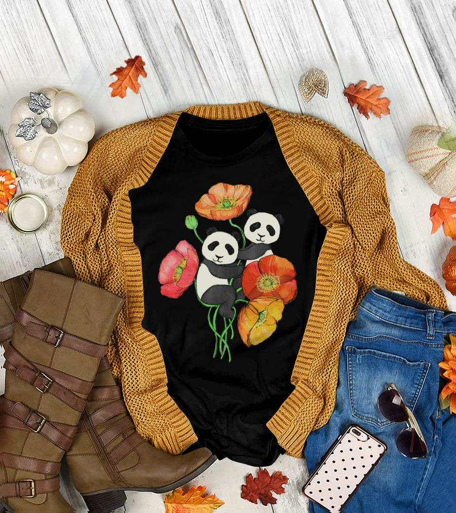 Poppies and Pandas Surrounded by Colorful Blooms T-Shirt