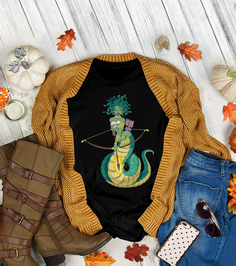 Medusa Mythical Archer with Serpent Tail and Flaming Arrow T-Shirt
