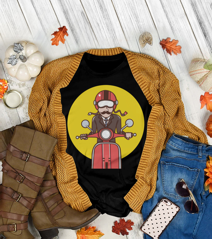 Red Scooter Rider with Helmet and Mustache in Yellow Circle T-Shirt