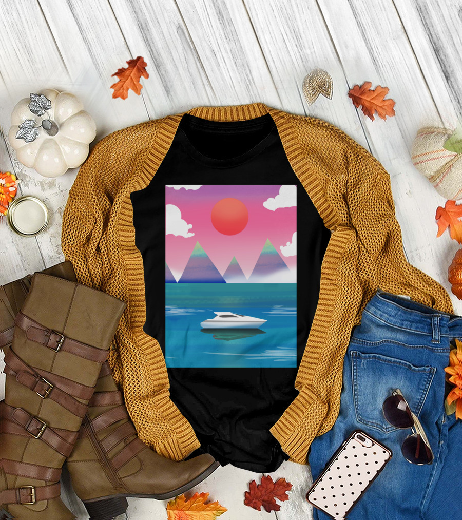 Mountain Yacht Sunrise with Pink Sky and White Boat T-Shirt
