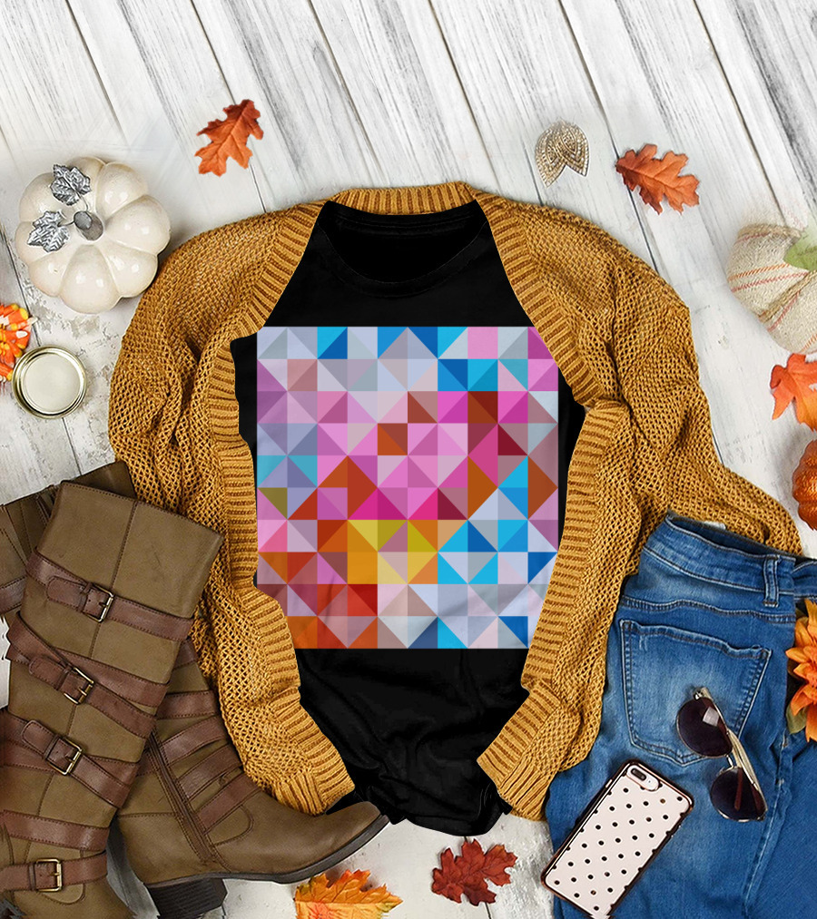Red Triangular Mesh Pattern Colorful Geometric Squares T-Shirt