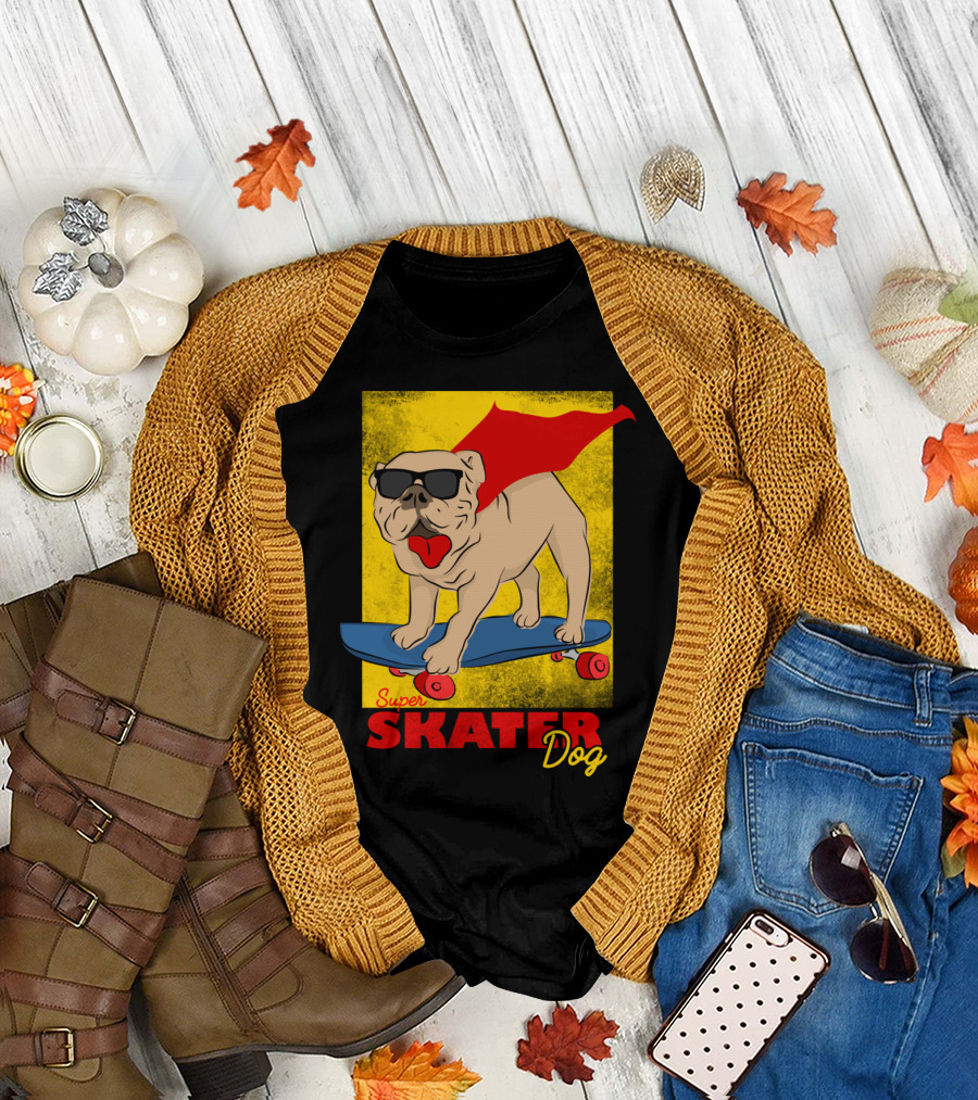 Super Skater Dog with Cape and Sunglasses Skateboarding T-Shirt