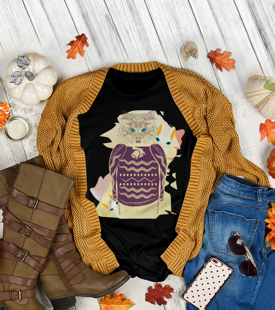Winter Cat in Cozy Sweater with Bunny Friends T-Shirt
