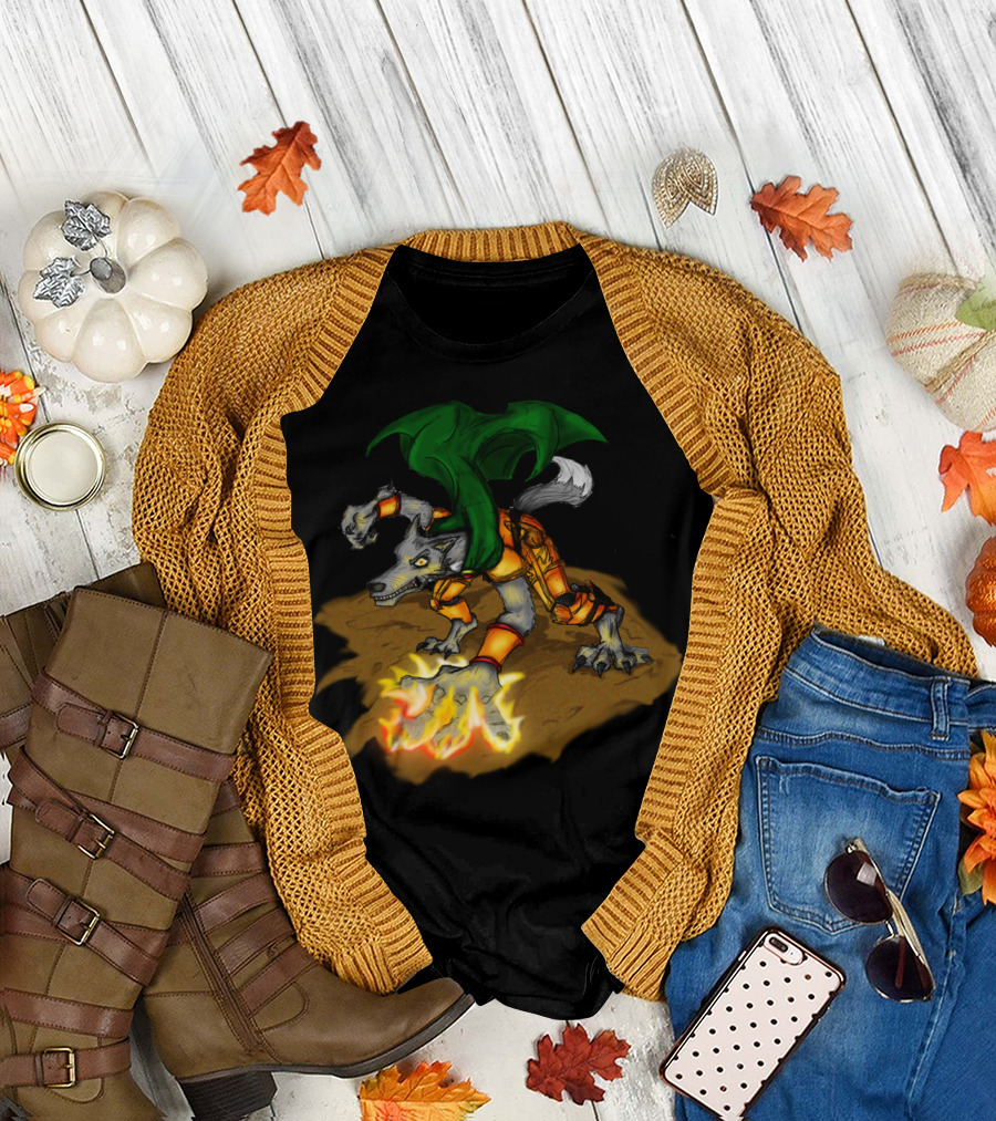Fire Mage JimClass Wolf Creature with Flaming Paw and Green Cape T-Shirt