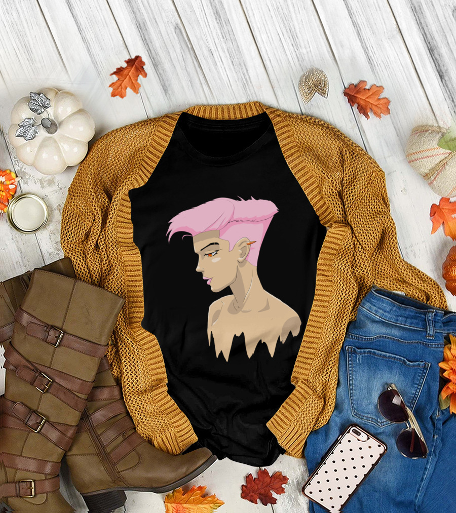Melting Jin Lee Animated Profile with Pink Hair and Orange Pencil T-Shirt