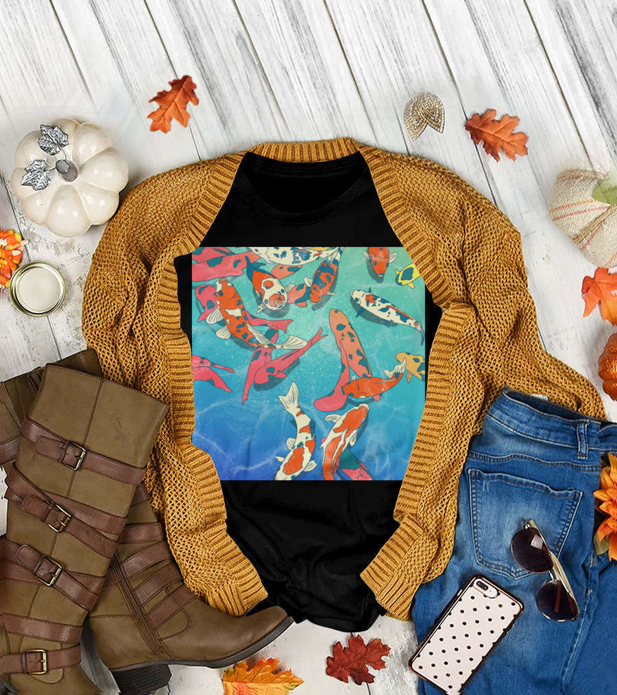 Koi Pond Backdrop Fish Artwork Swim Patterns Japanese T-Shirt