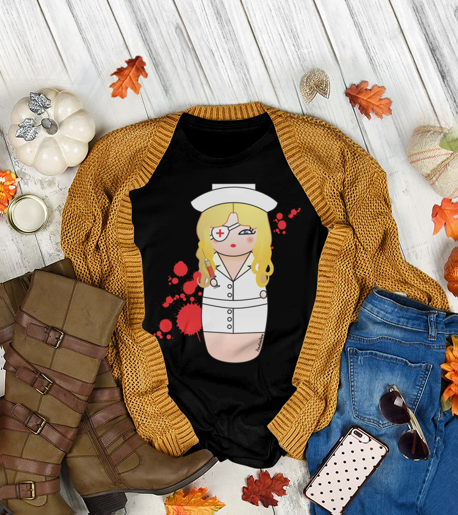 Kokeshi Elle The Nurse Doll With Eyepatch and Syringe T-Shirt
