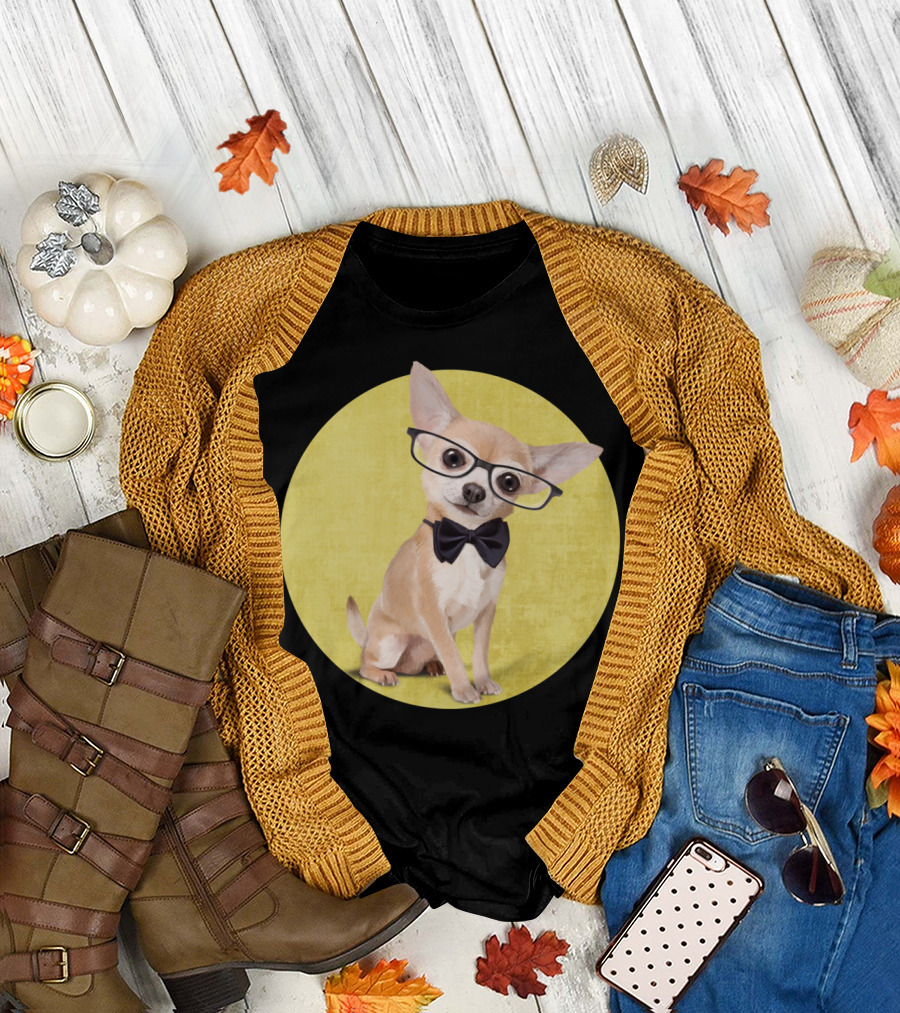Mr Chihuahua Glasses Bow Tie Yellow Background T-Shirt