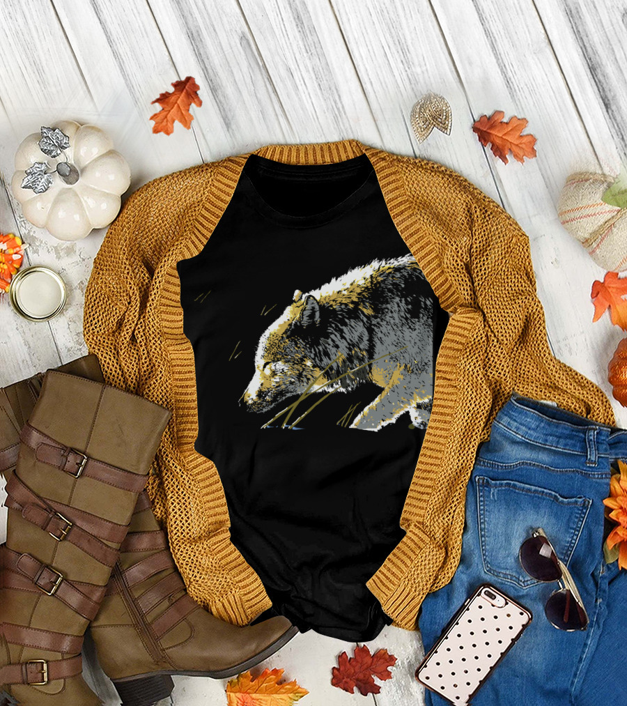 Timber Wolf Stealthily Stalking Through Winter Snowy Landscape T-Shirt