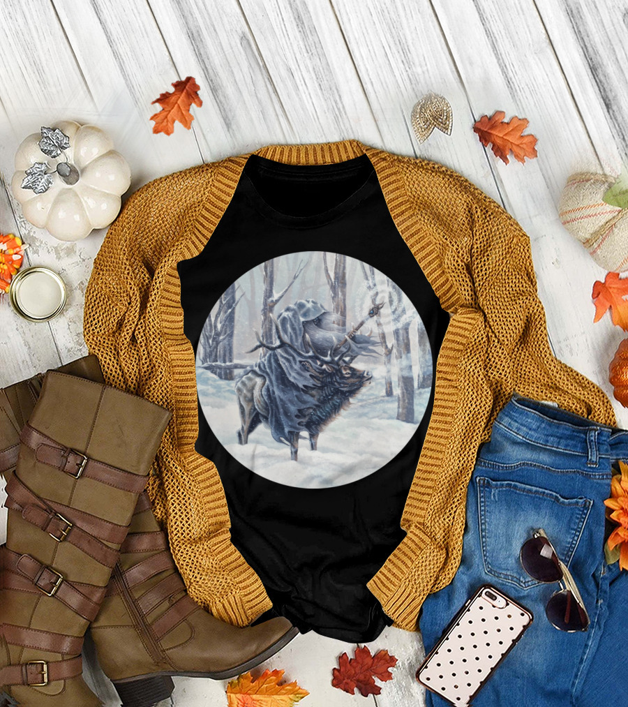 Winter Wizard Riding Enchanted Stag in Snowy Forest T-Shirt