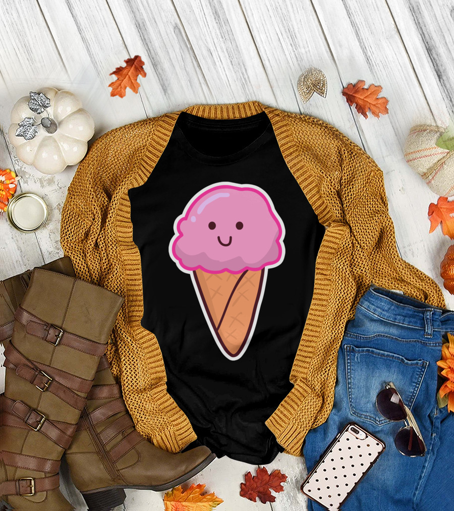 Smiling Pink Ice Cream Cone Kawaii Sticker T-Shirt