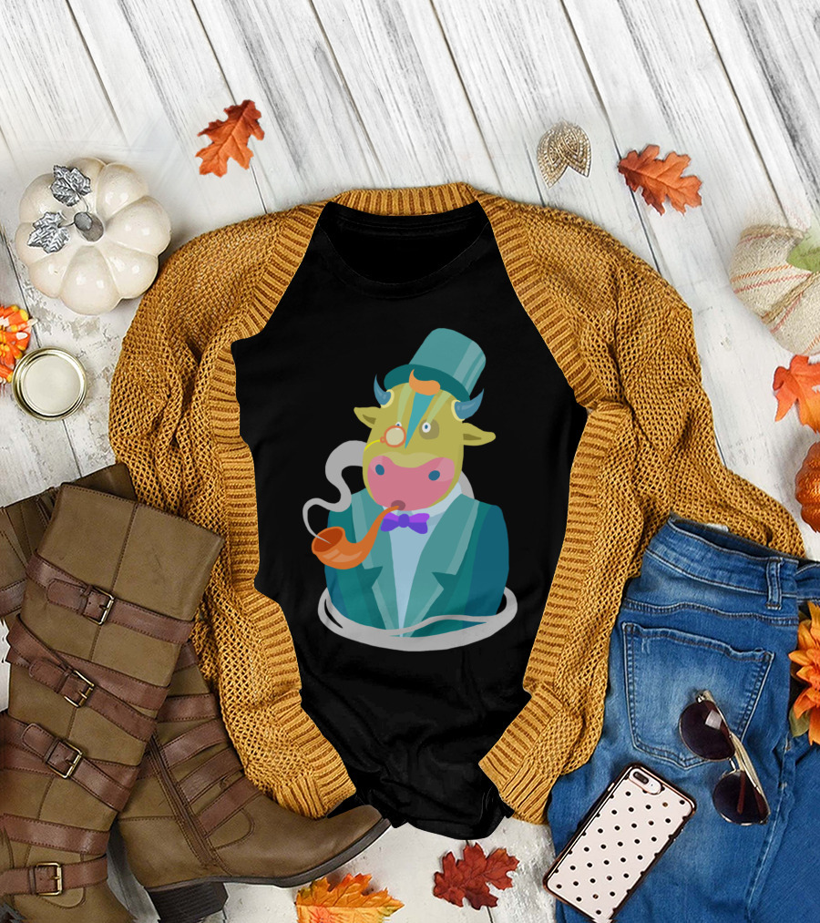 Mr Cow Smoking Pipe Gentleman T-Shirt