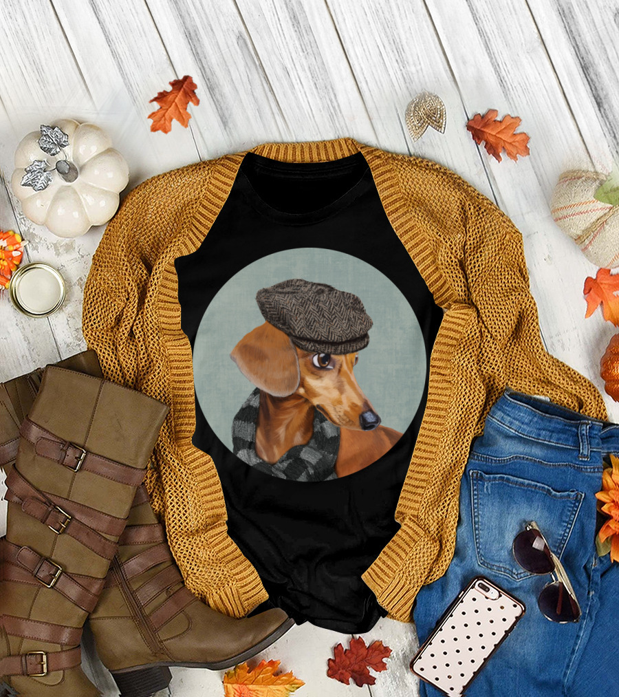 Mr Dachshund Tweed Cap and Scarf T-Shirt