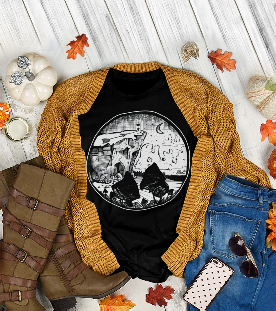 Night Sky and Mushrooms Under Moonlit Cliff T-Shirt