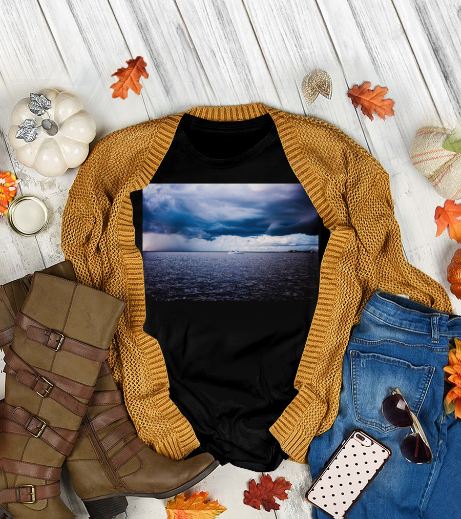 Lonely One Sailboat Under Stormy Sky on Ocean T-Shirt