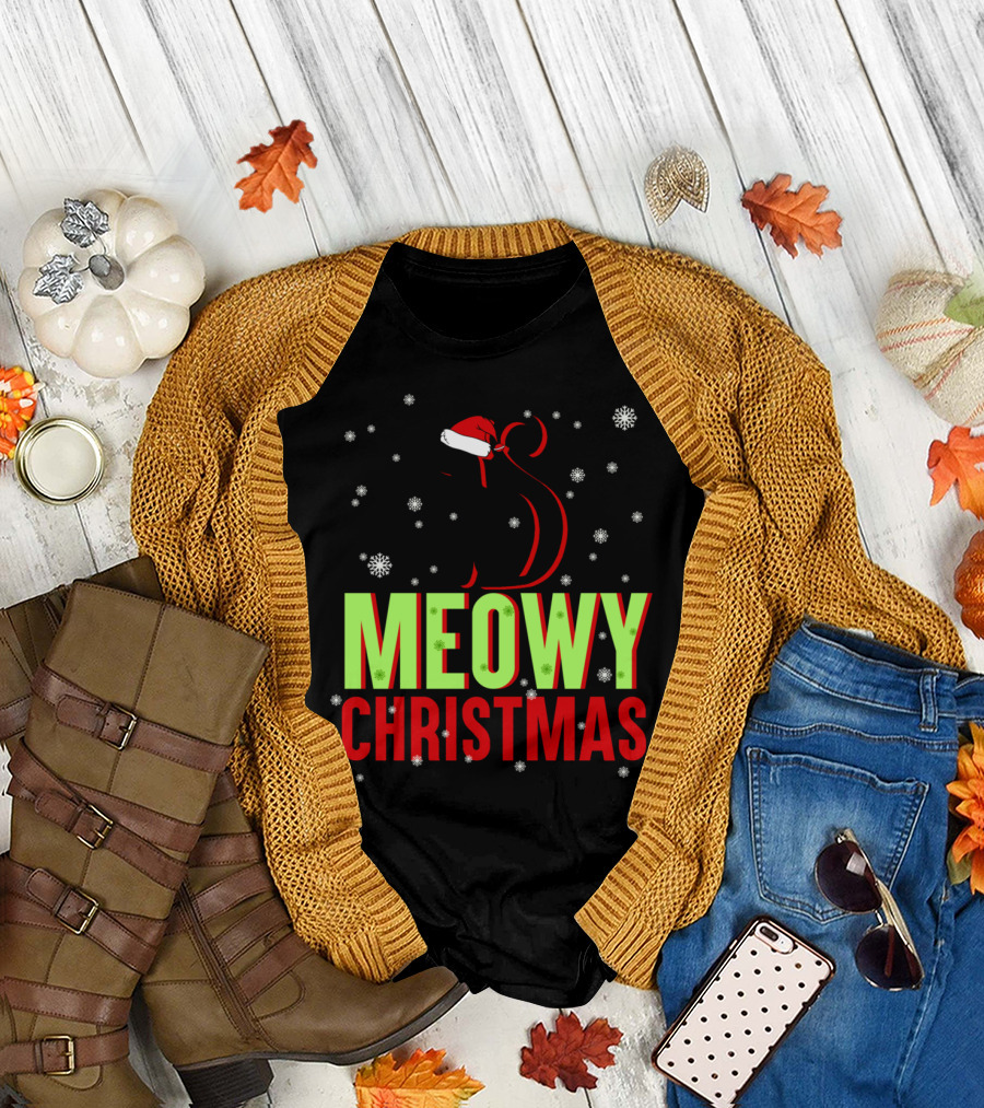 MEOWY CHRISTMAS Santa Cat Snowflakes T-Shirt