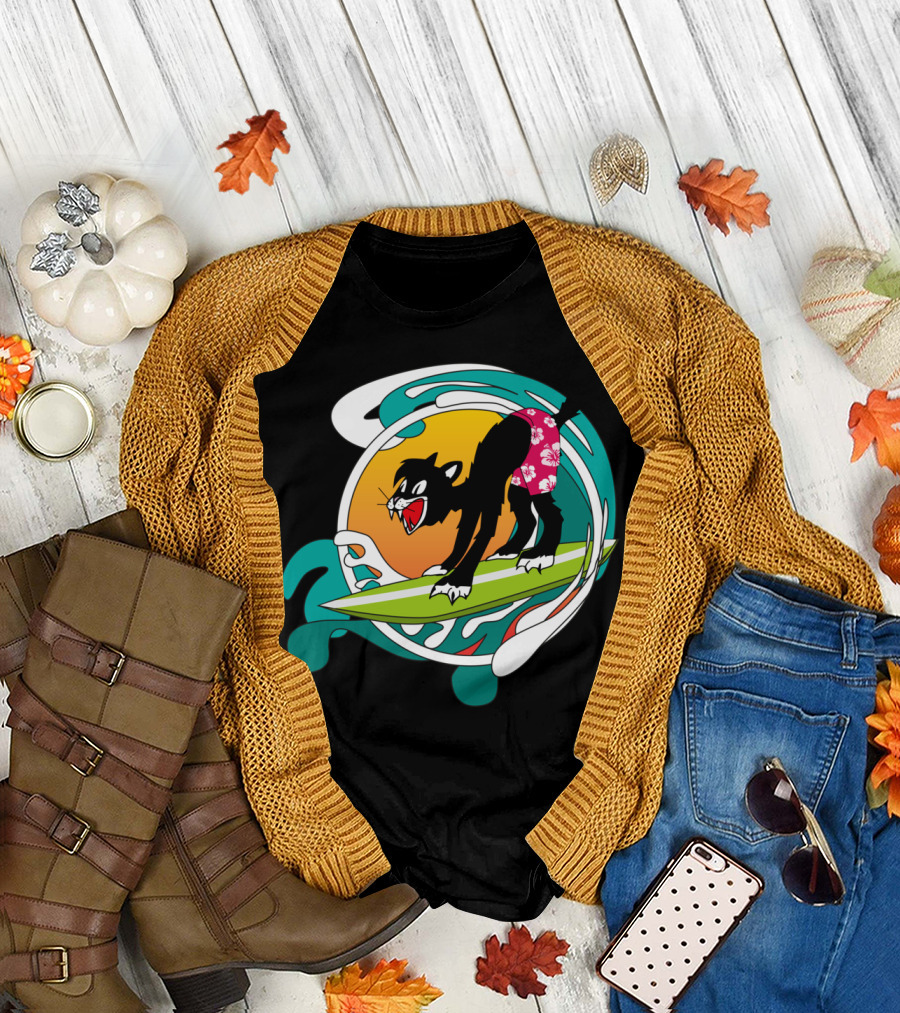 Surfing Cat in Floral Shorts on Wave Board T-Shirt