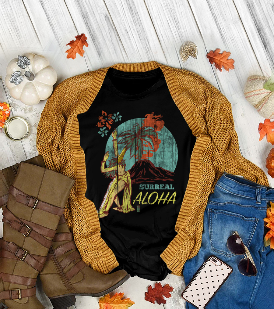 Surreal Aloha Volcano Dance Palm Tree Hibiscus T-Shirt