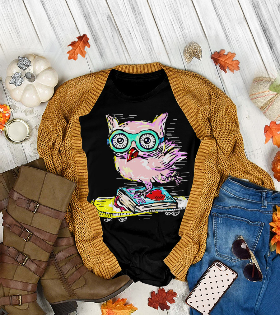 Owl with Glasses Riding Skateboard on Live Book with Heart T-Shirt