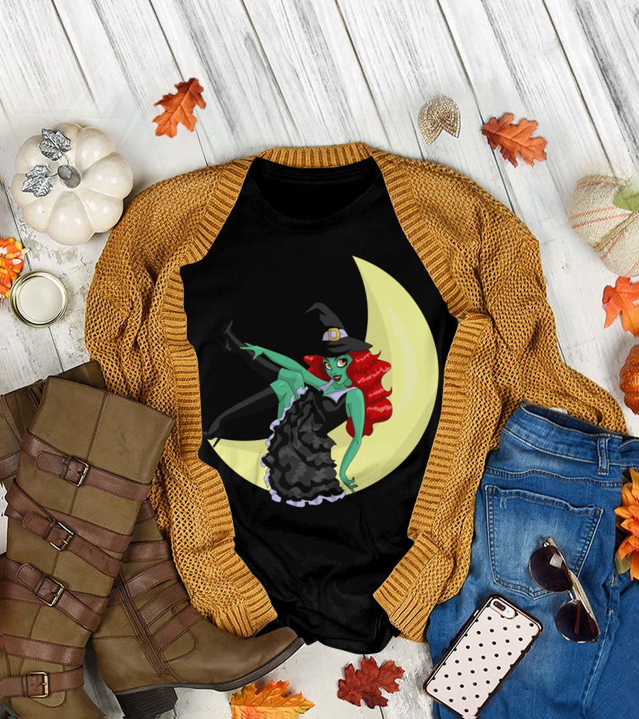 Witchful Thinking Green Witch on Crescent Moon T-Shirt