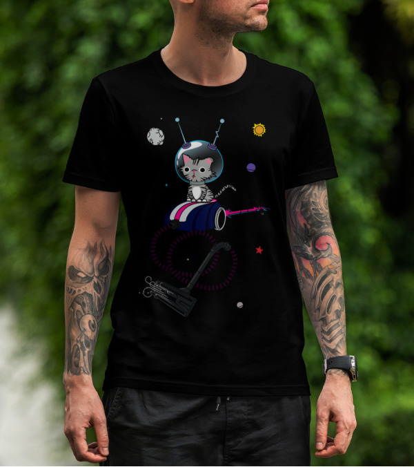Mr. Hoover Space Cat On Cosmic Vacuum Adventure With Planets And Stars T-Shirt