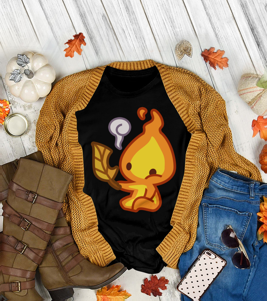 Fire Sprite Leaf Holding Flame Character T-Shirt