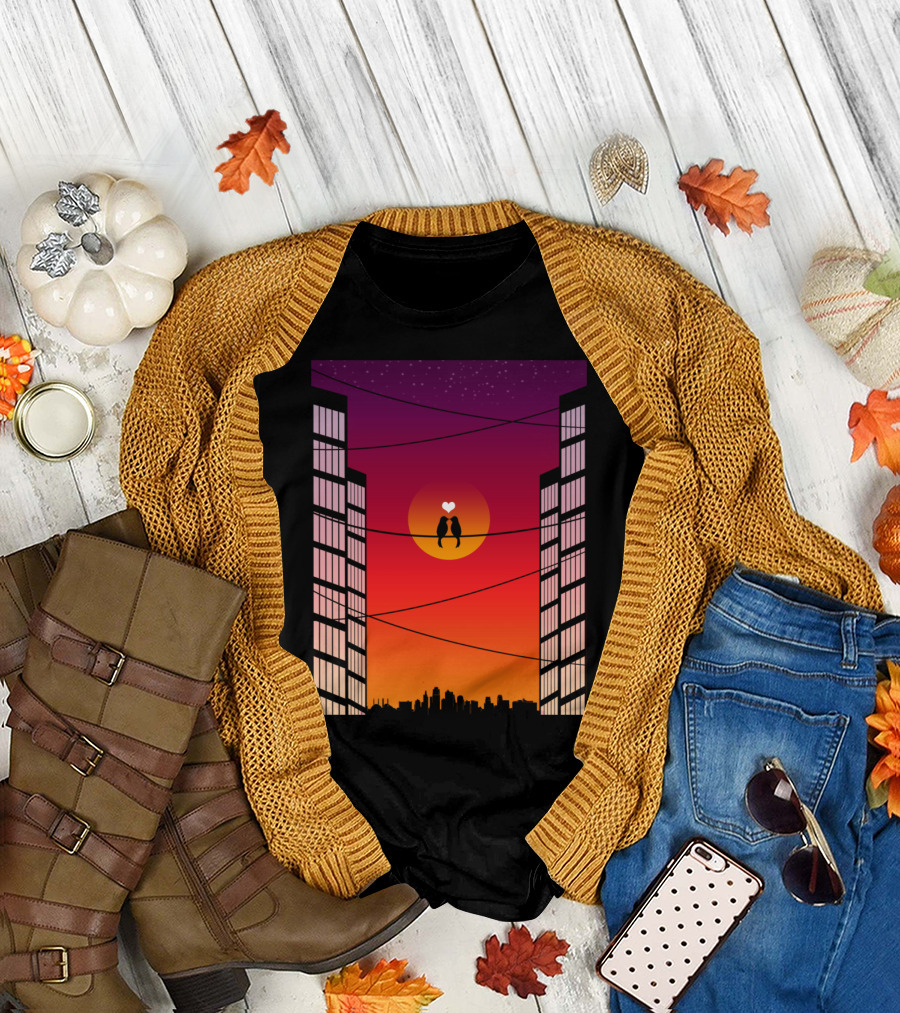 Cityscape Sunset Birds on a Wire with Heart T-Shirt