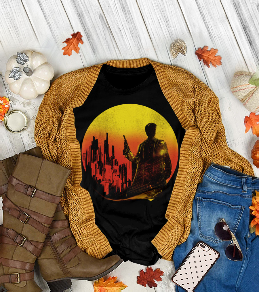 Shine Cityscape Silhouette with Figure and Yellow-Red Gradient Circle T-Shirt
