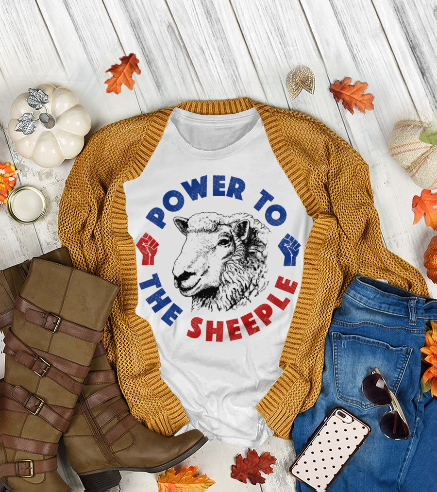 Power To The Sheeple Sheep with Red and Blue Fists T-Shirt