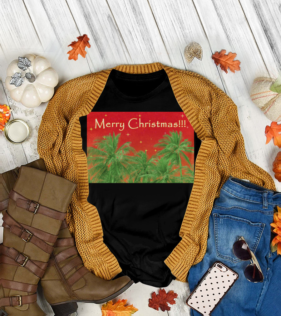 Merry Christmas Palm Trees Festive Red and Green Holiday Scene T-Shirt