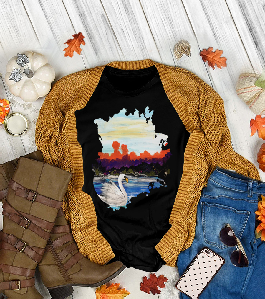 Swan Life Watercolor Sunset Scene T-Shirt