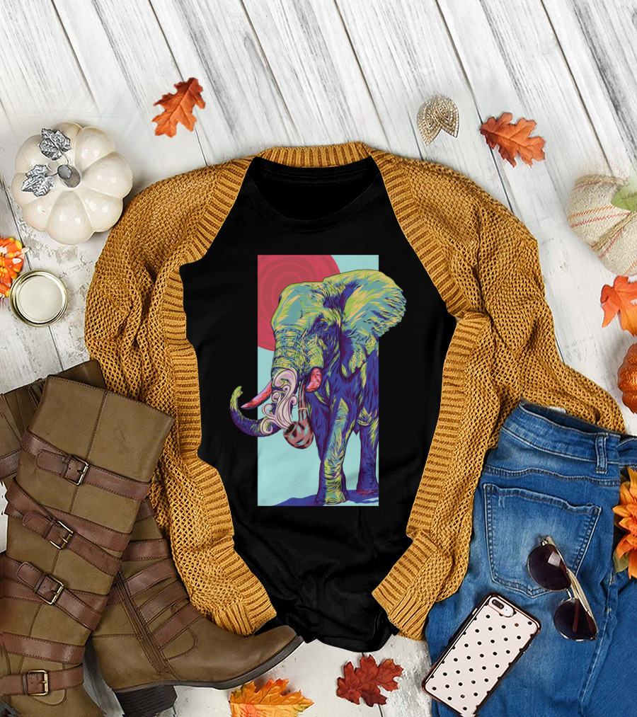 Pachyderm Vibrant Elephant Art with Psychedelic Colors and Abstract Sun T-Shirt