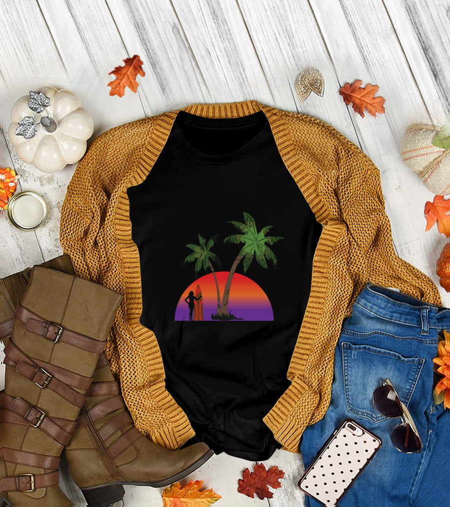 Pacifica California Sunset with Surfer and Palm Trees T-Shirt