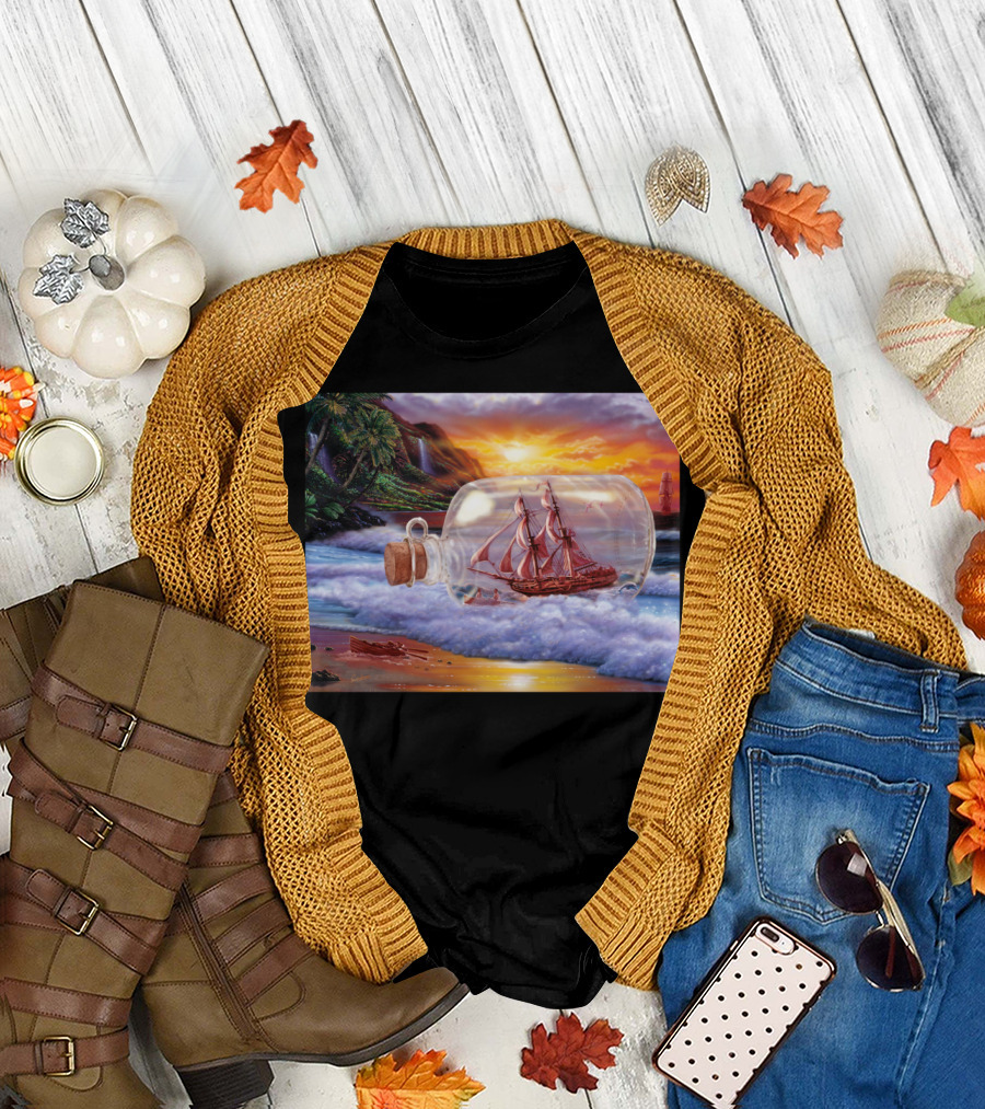 Ship in a Bottle Ocean Sunset Scene T-Shirt